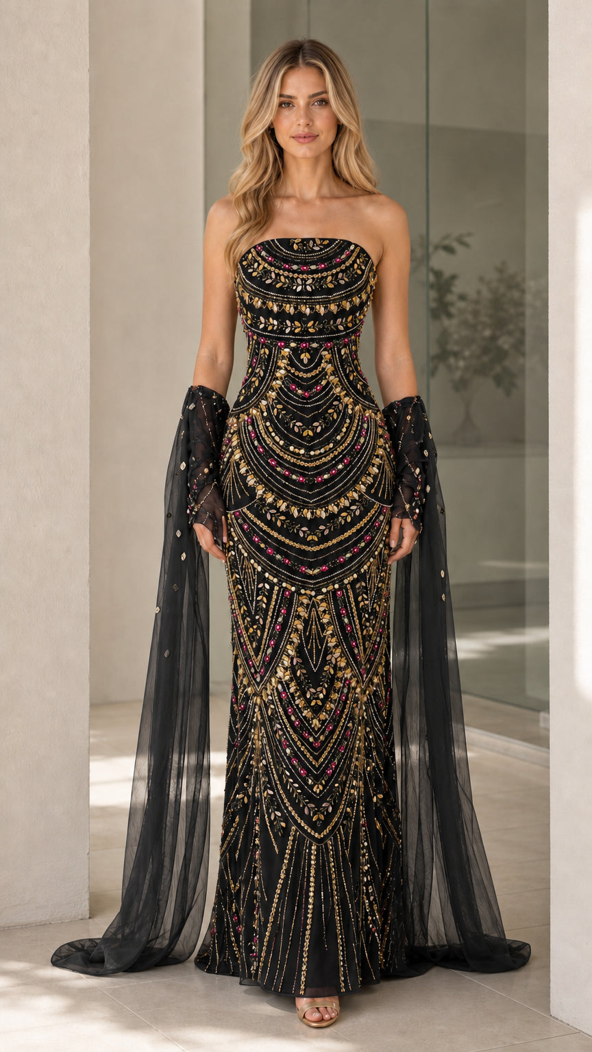 Black color variant of beaded strapless evening gown