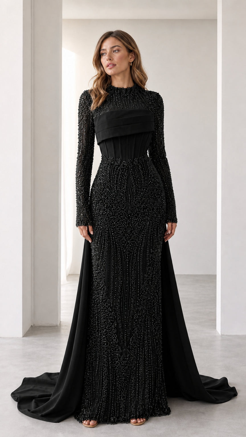 Front view of the black beaded evening gown variant