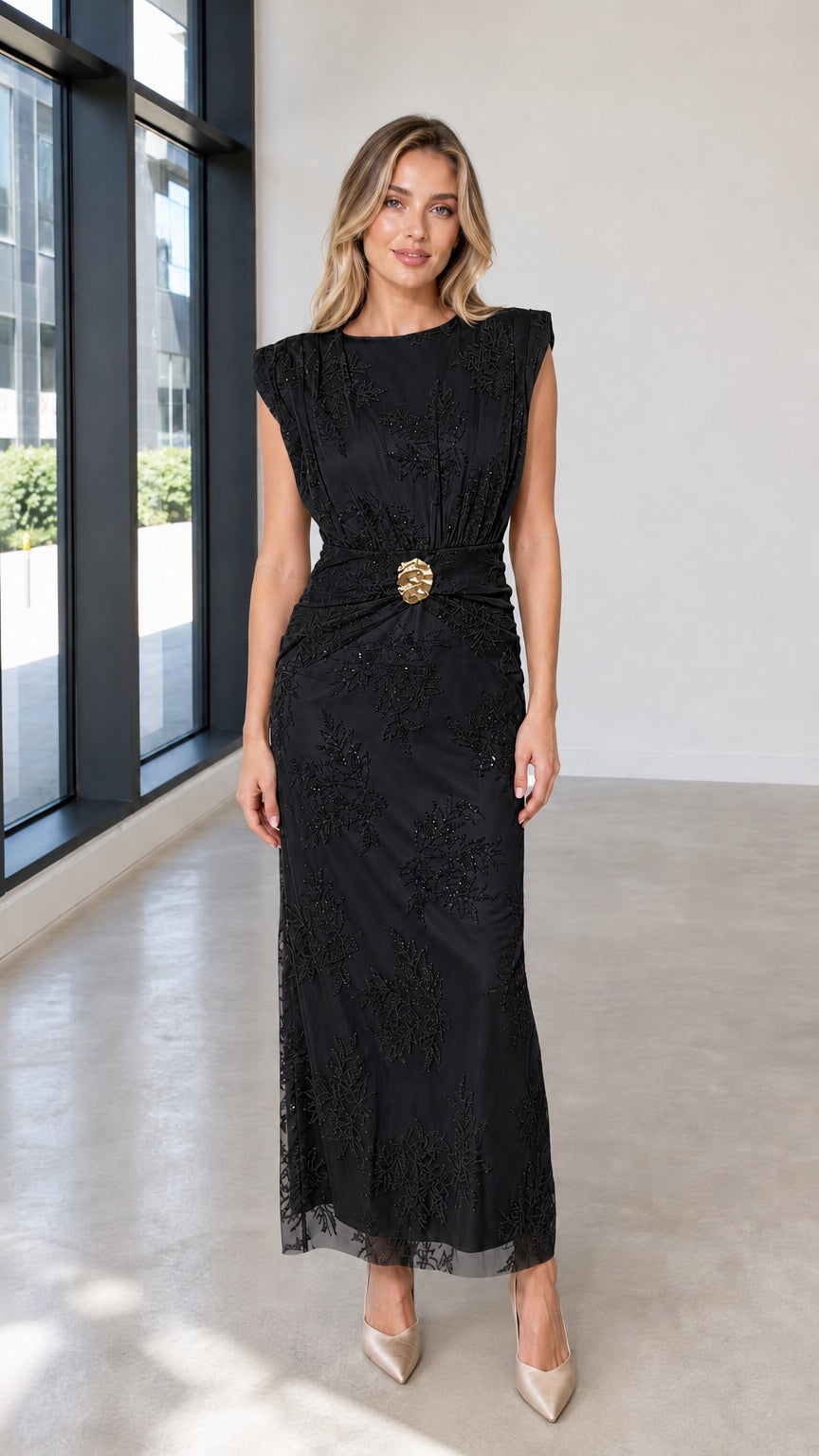 Front view of black embroidered maxi dress