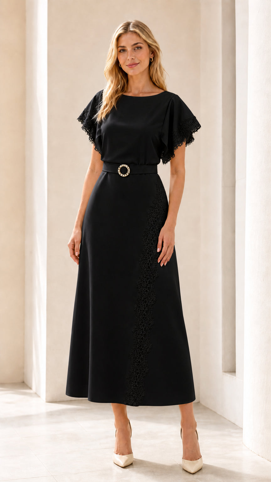 Front view of black lace-trimmed midi dress