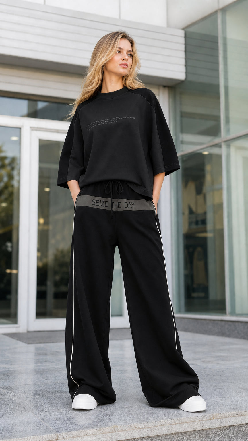Women's two-piece oversized t-shirt and wide-leg pants set in black