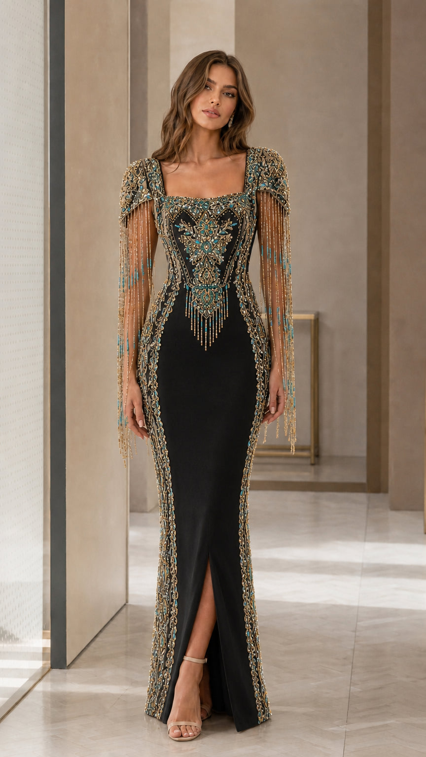 Black evening gown front view with crystal embellishments