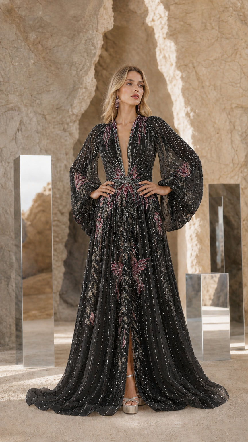 Front view of Black embroidered beaded long sleeve evening gown