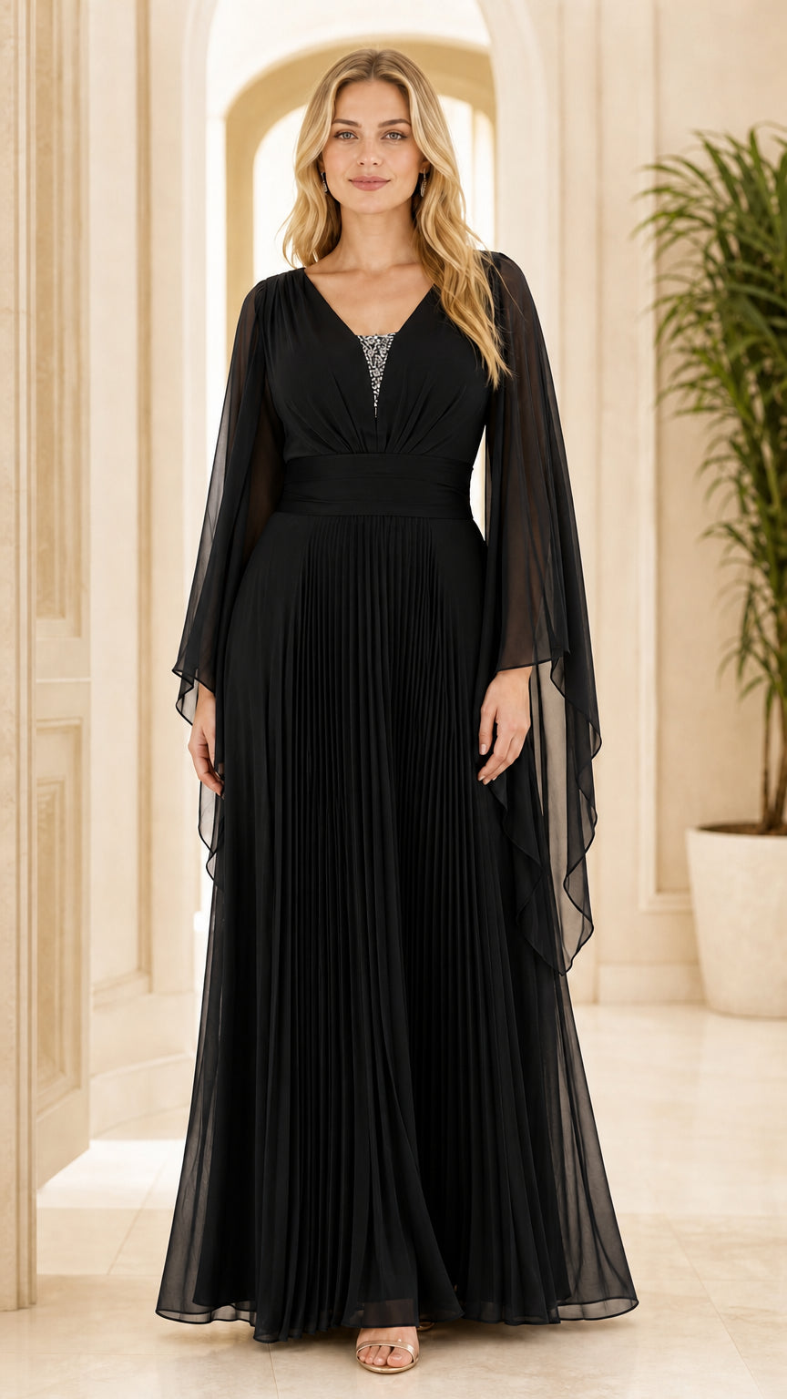 Full front view of black pleated formal evening gown with cape sleeves