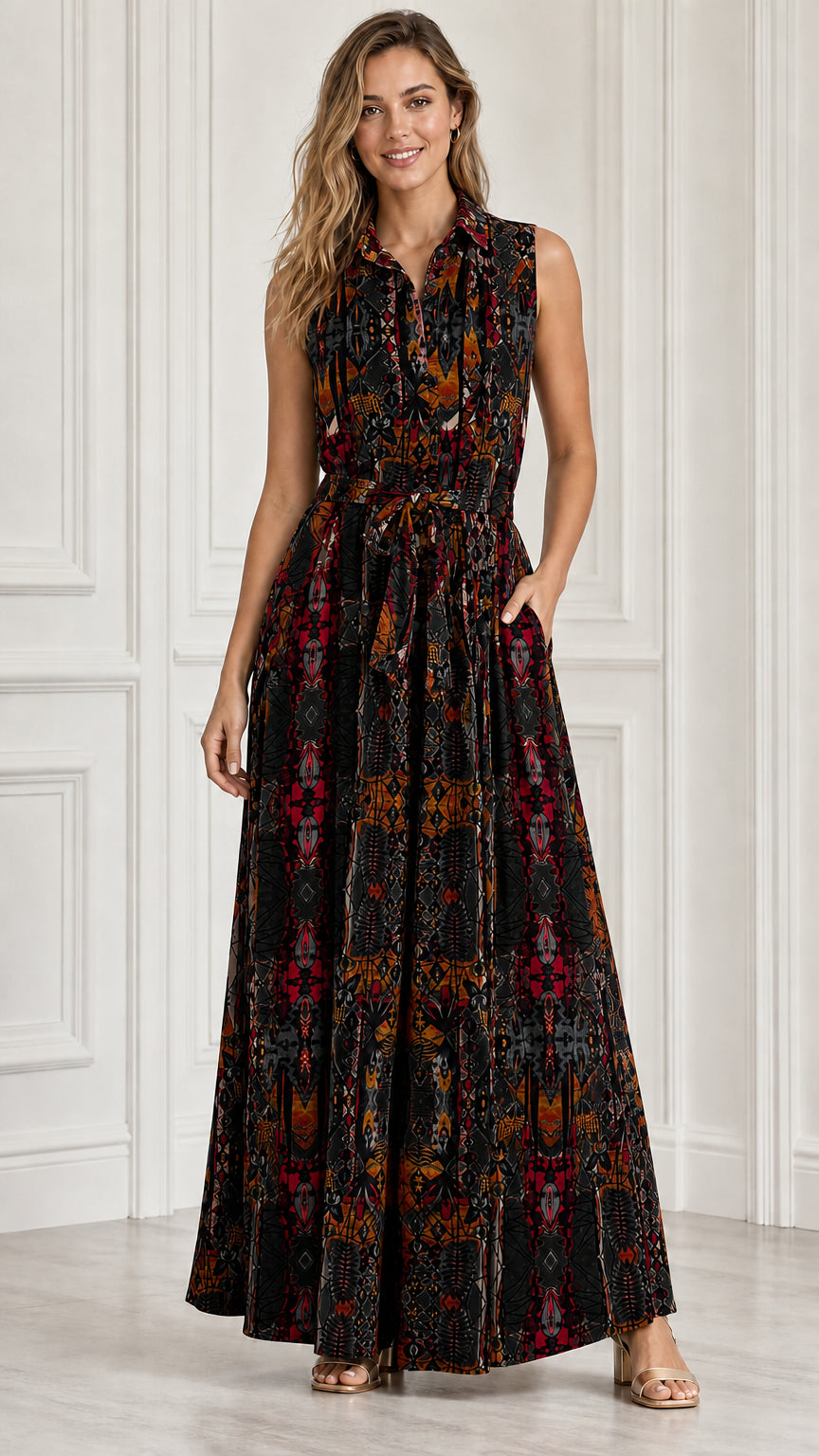 Front view of model wearing black multi geometric print sleeveless maxi dress