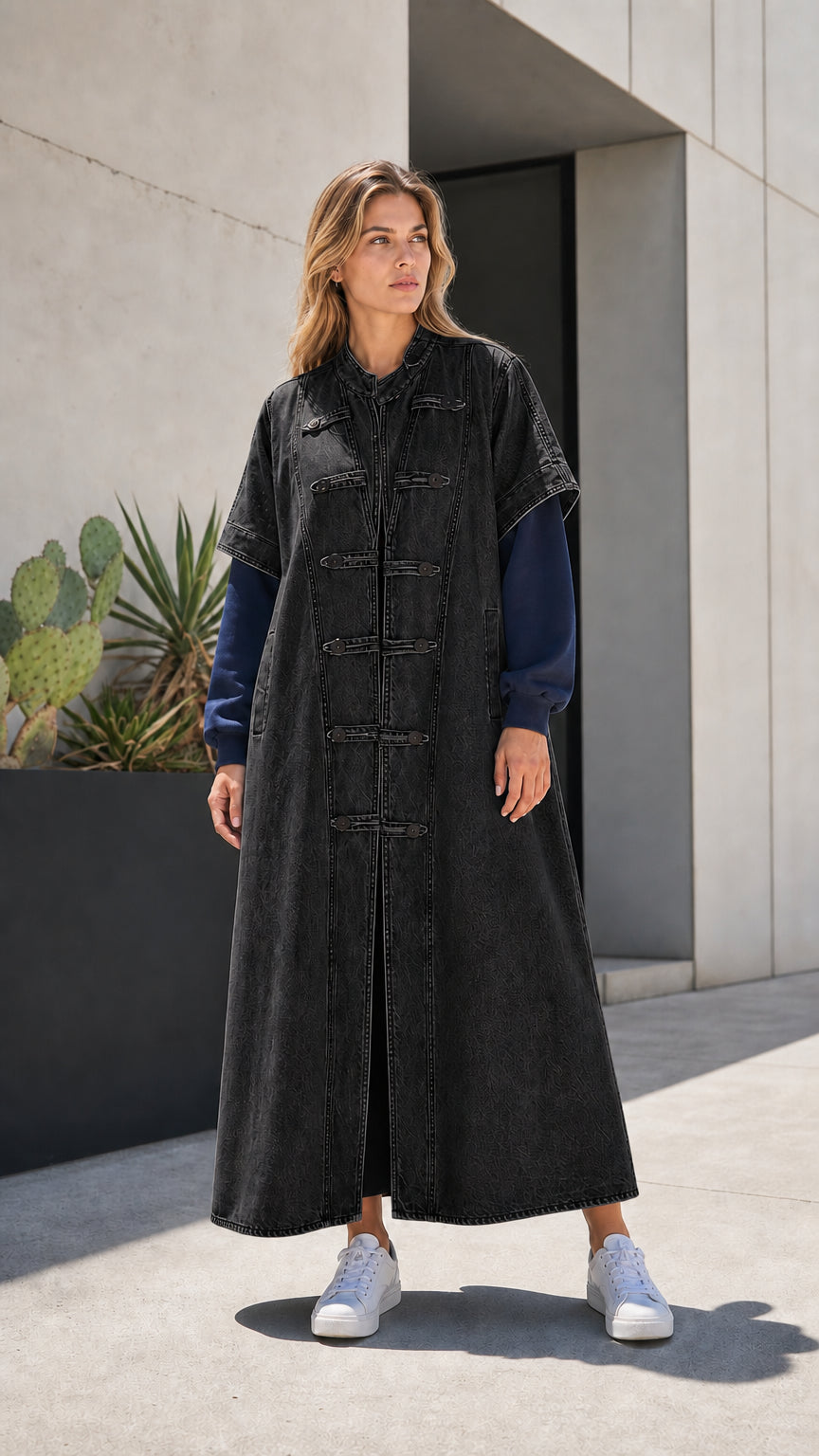 Full front view of washed black denim maxi duster vest coat
