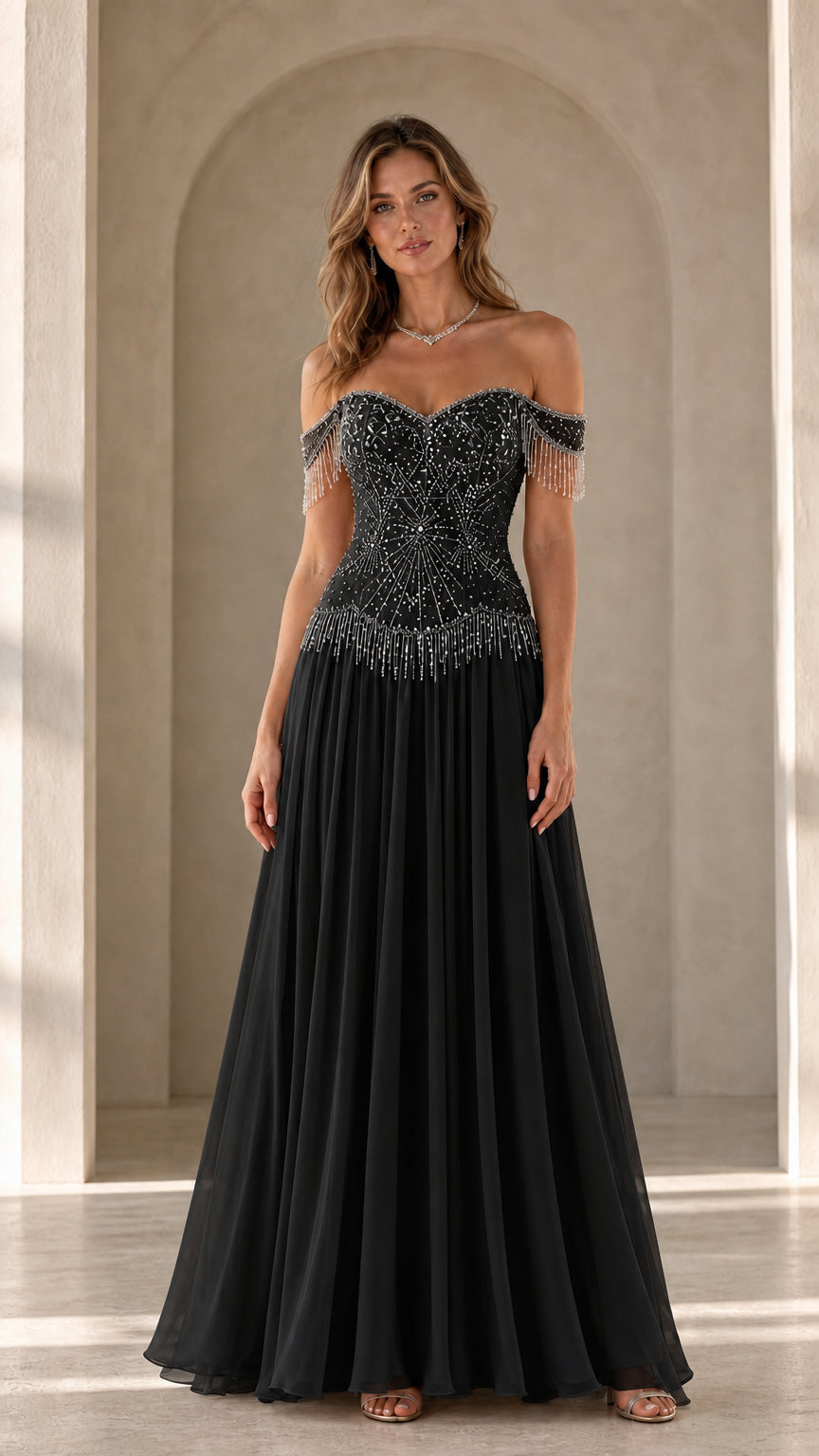Model wearing black variant of the off-the-shoulder beaded evening gown
