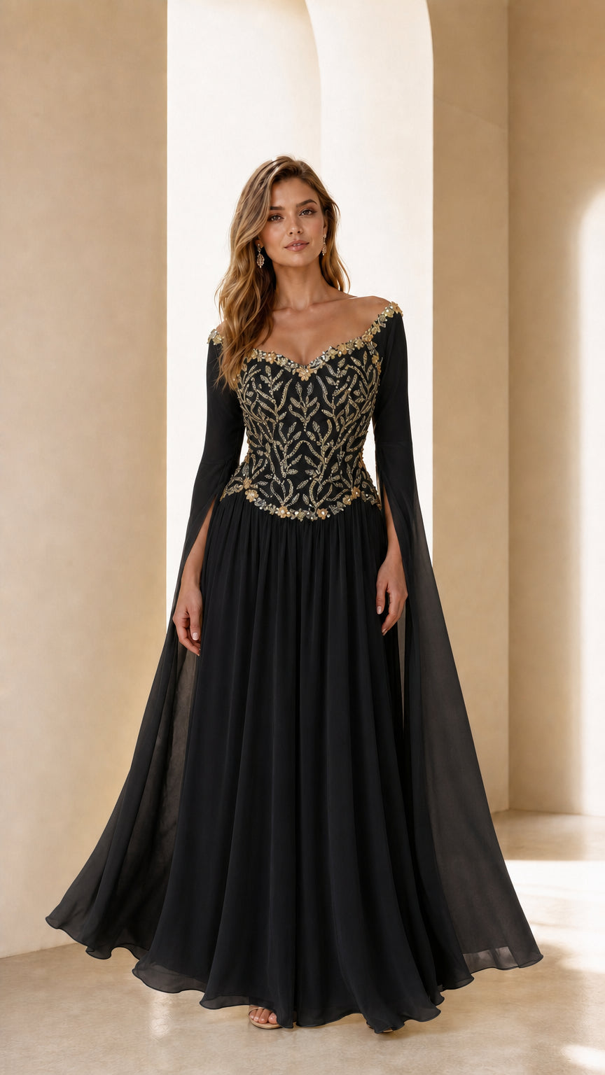 Front view of black embellished evening gown