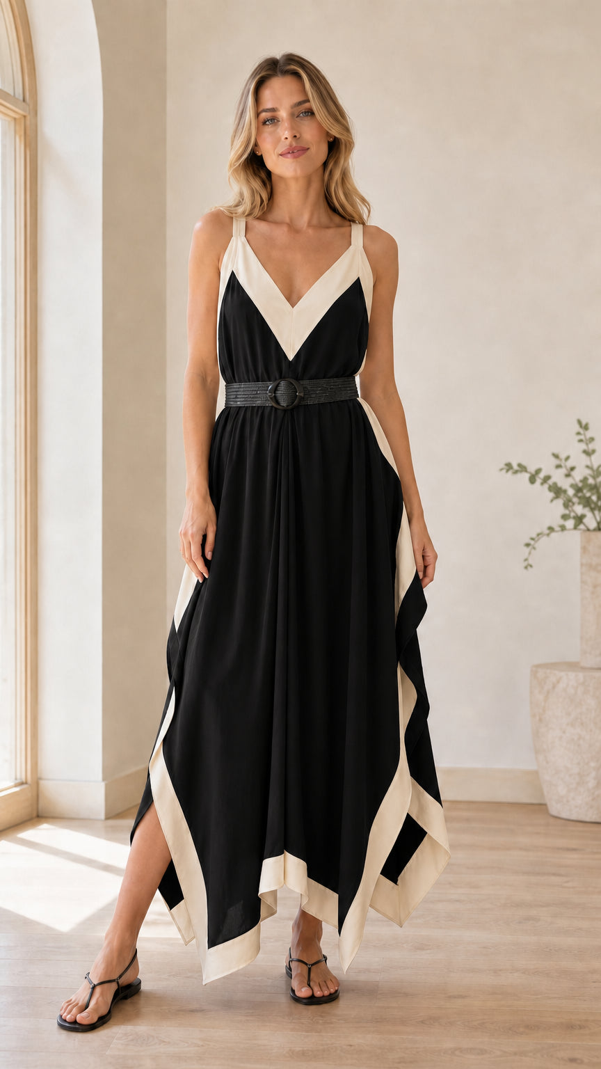 Model wearing Black handkerchief maxi dress with cream contrast trim