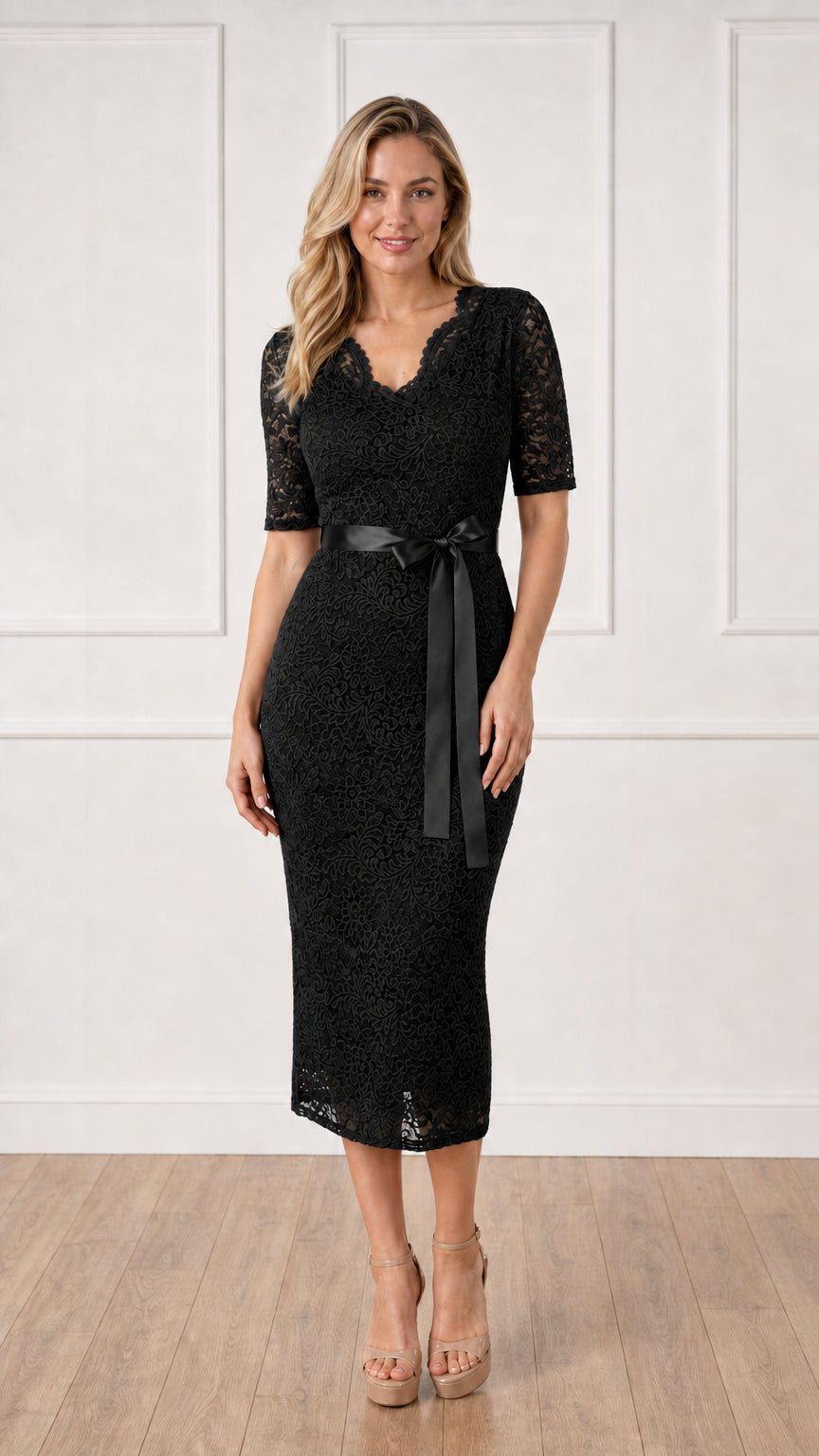 Front full view of black lace midi dress with satin belt