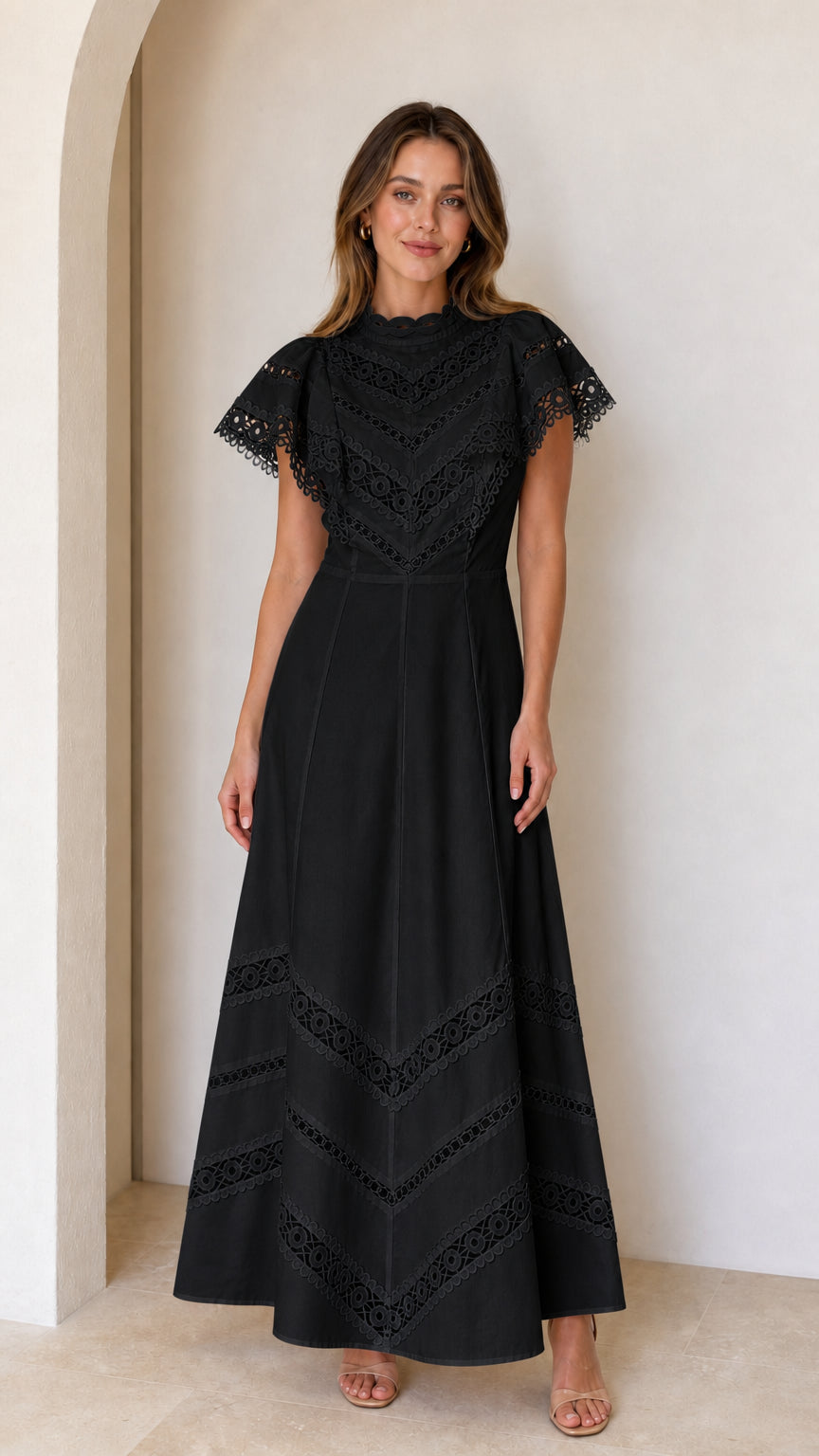 Black lace trim flutter sleeve high neck maxi dress on model