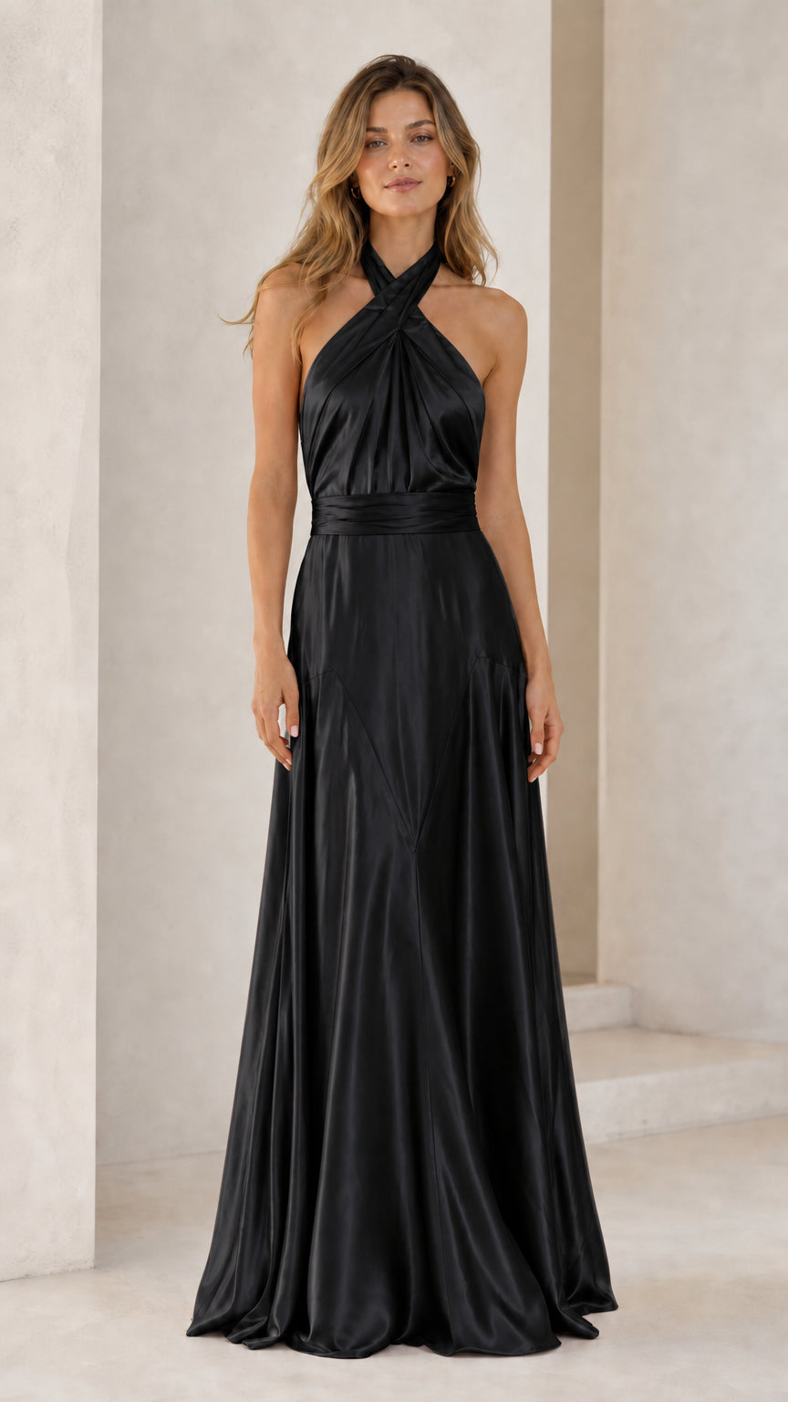 Full-length view of Black halter cross-front backless satin maxi dress