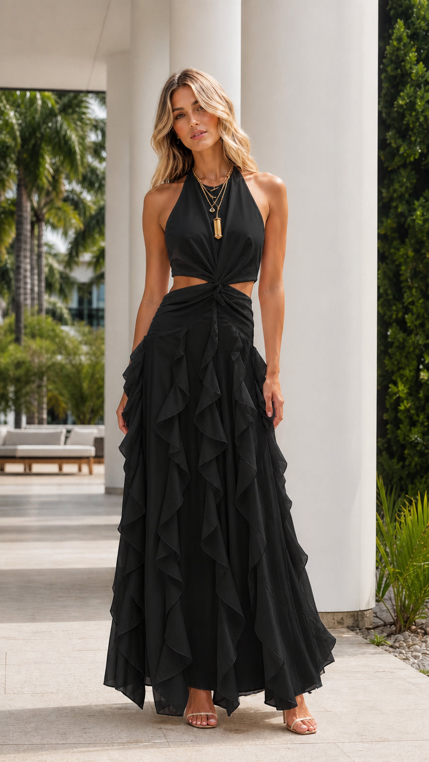 Black halter neck cutout tiered ruffle evening maxi dress