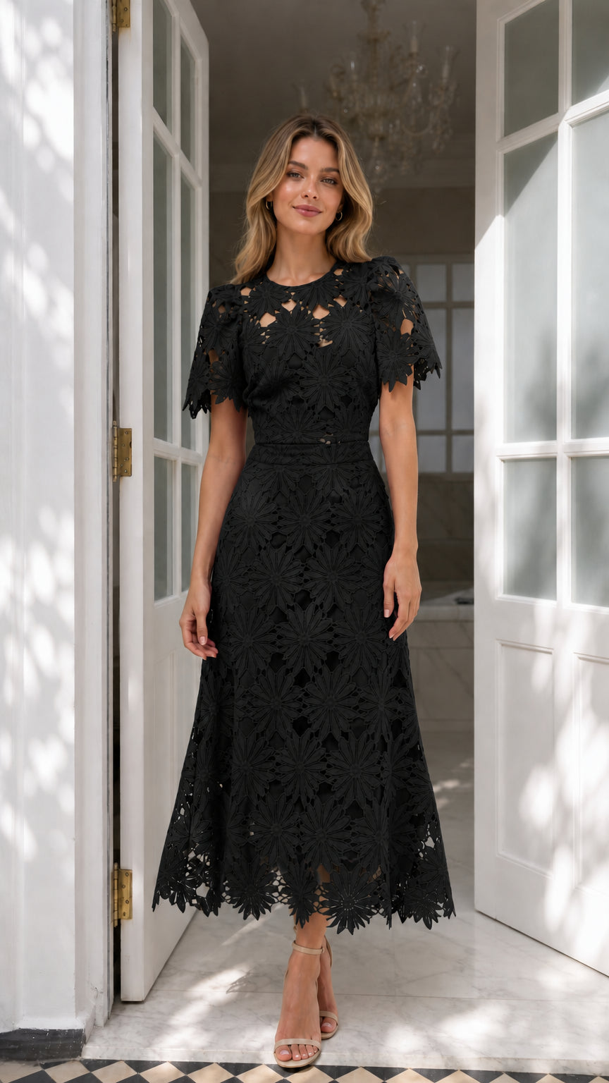 Front view of black floral embroidered lace A-line midi dress