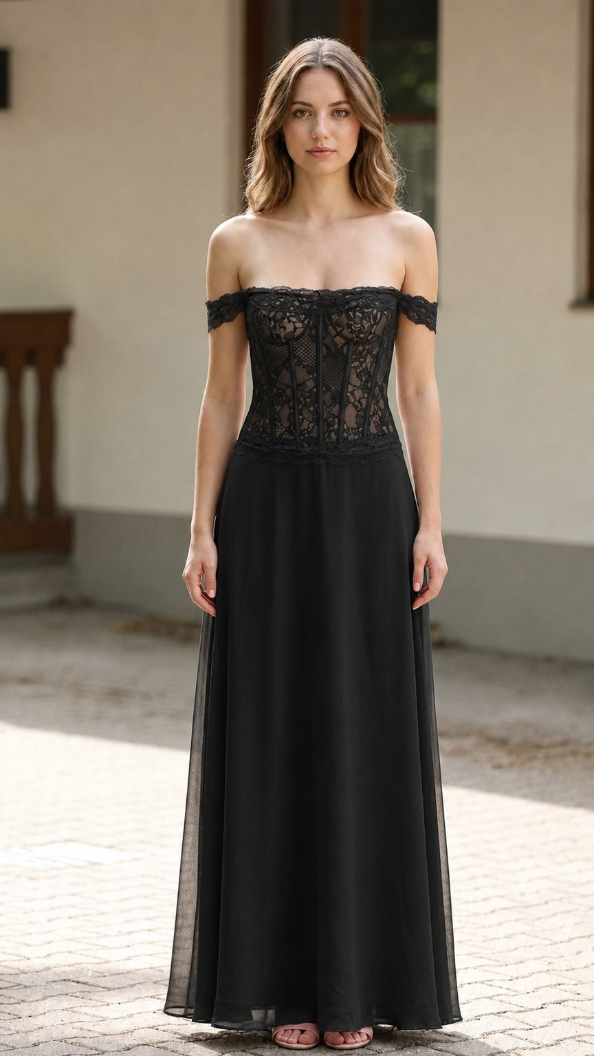 Front full-length view of elegant black off-the-shoulder lace corset maxi dress