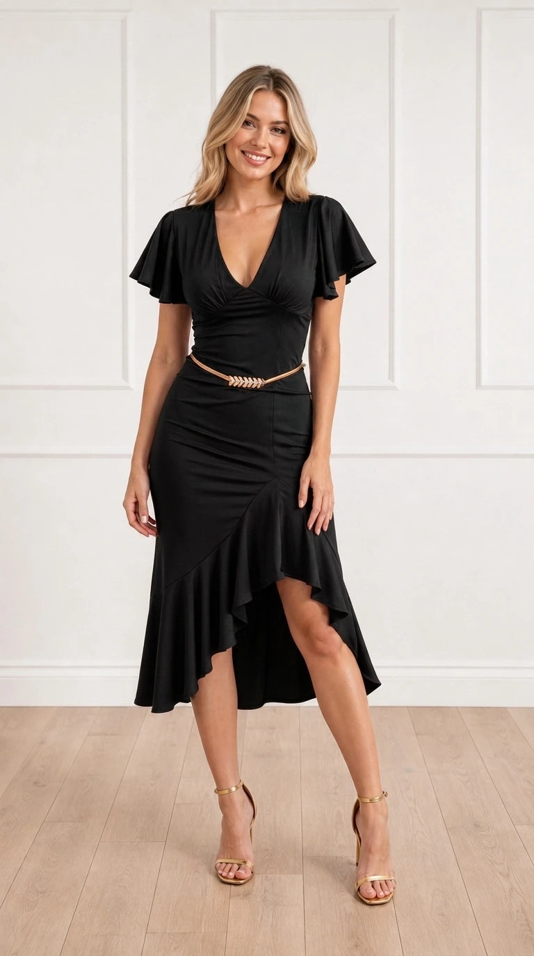 Front full view of black midi dress variant