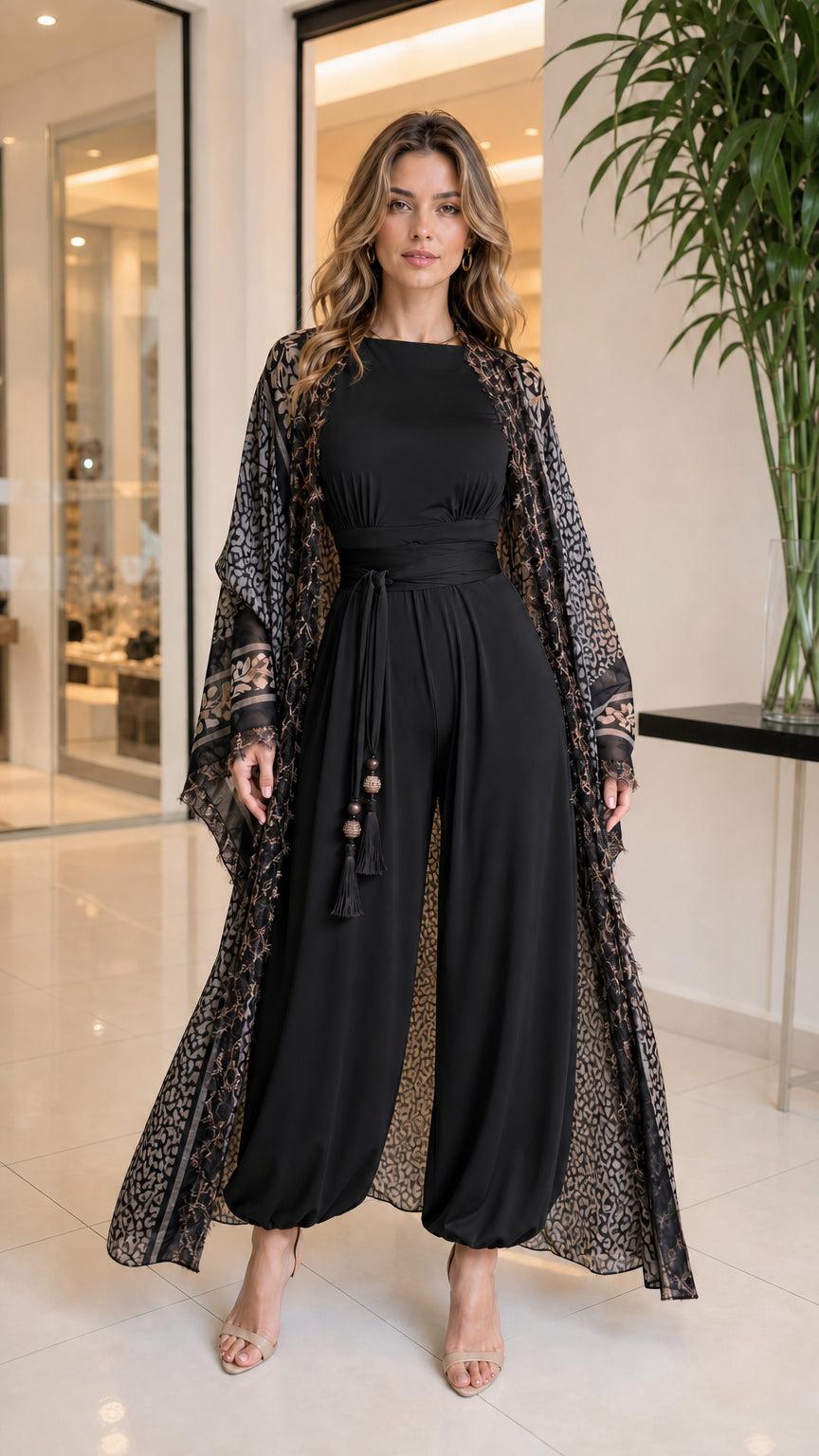 Black 2-piece balloon jumpsuit with matching printed sheer long kimono