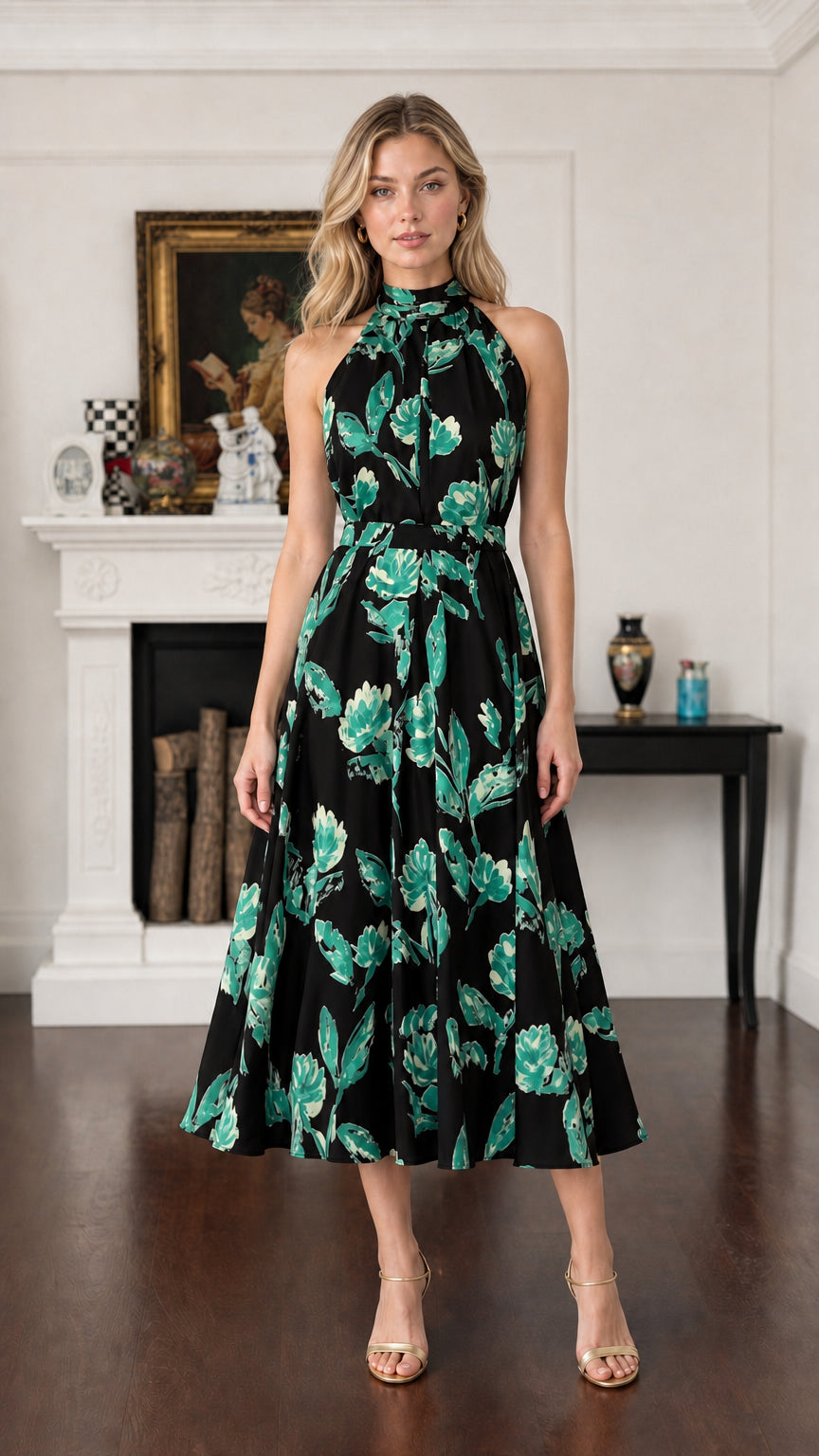 Model posing in Black Floral halter neck midi dress