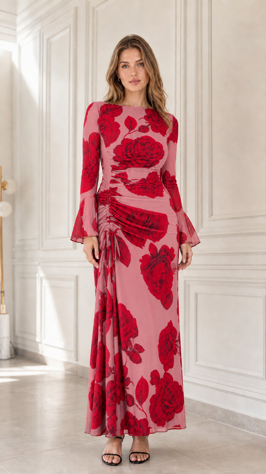 Front view of pink floral print ruched maxi dress