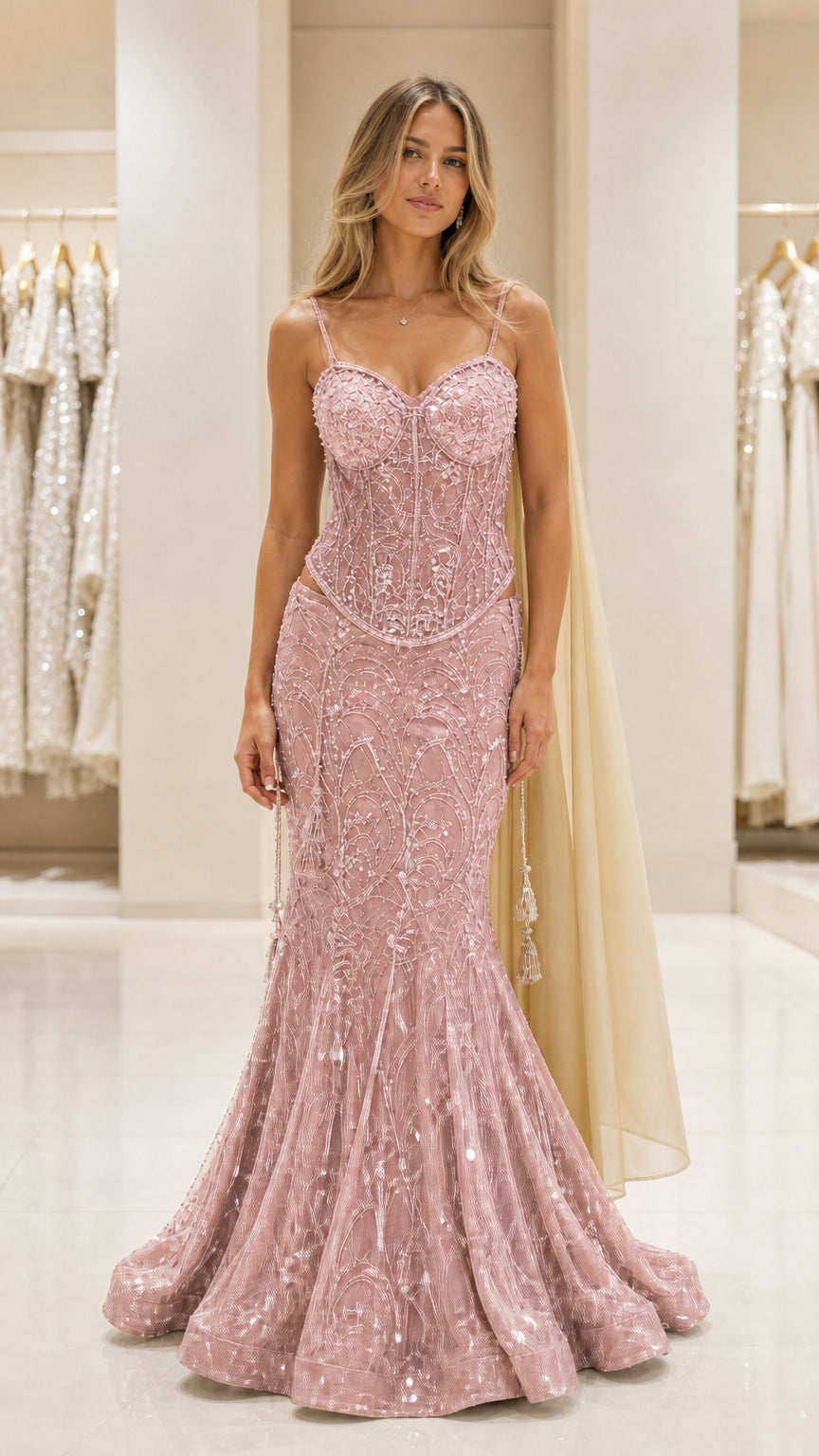 Full front view of the pink sequin mermaid evening gown