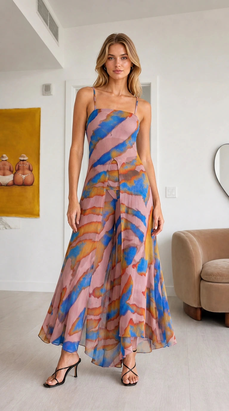 Front view of model wearing Pink Multi abstract print chiffon tunic and pant set