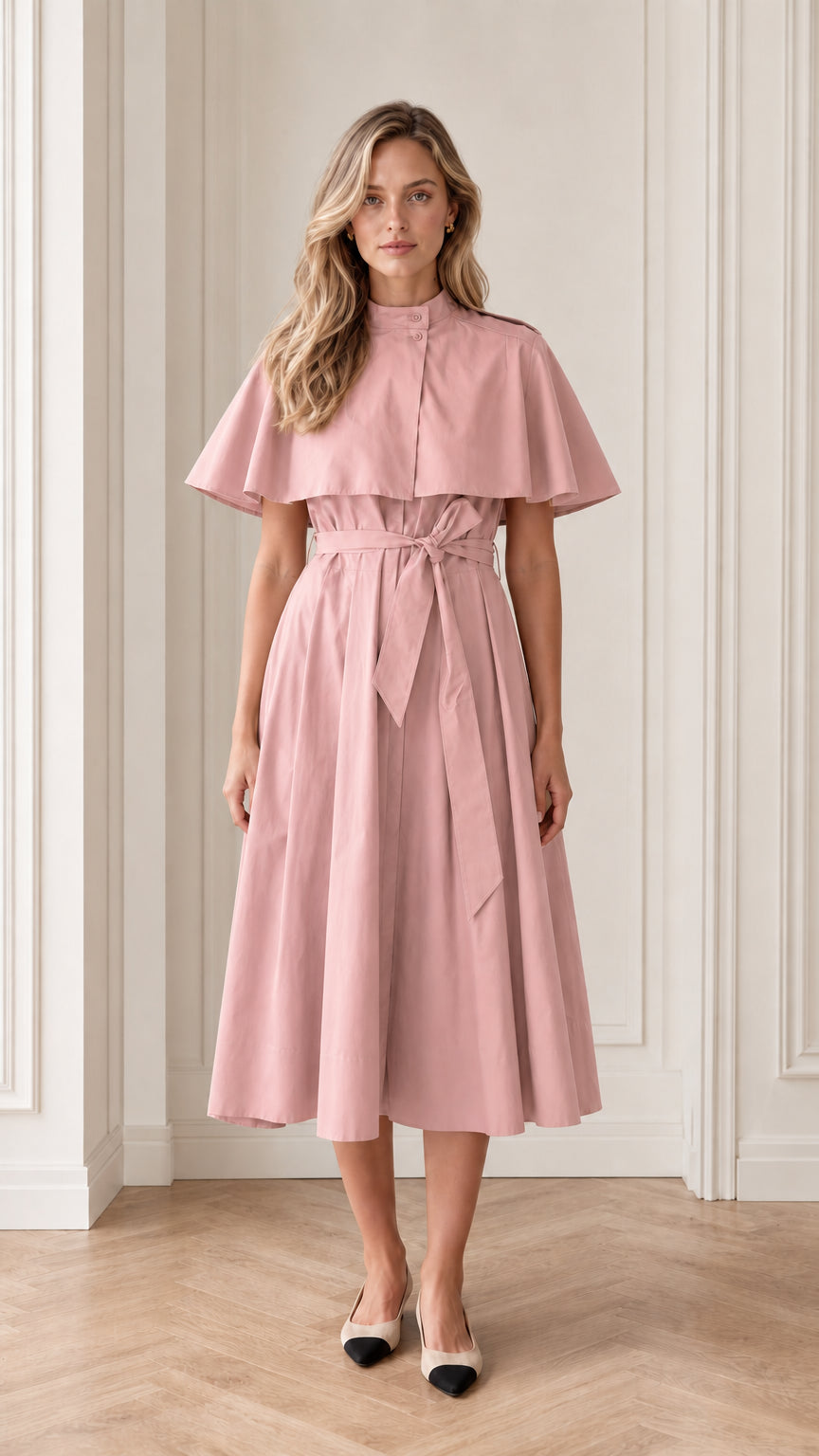 Model wearing dusty pink trench capelet belted midi dress