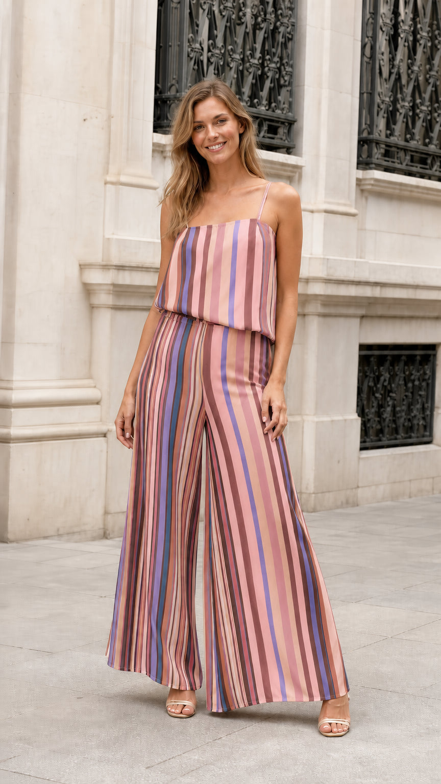 Full length view of model wearing Pink Stripe wide leg jumpsuit