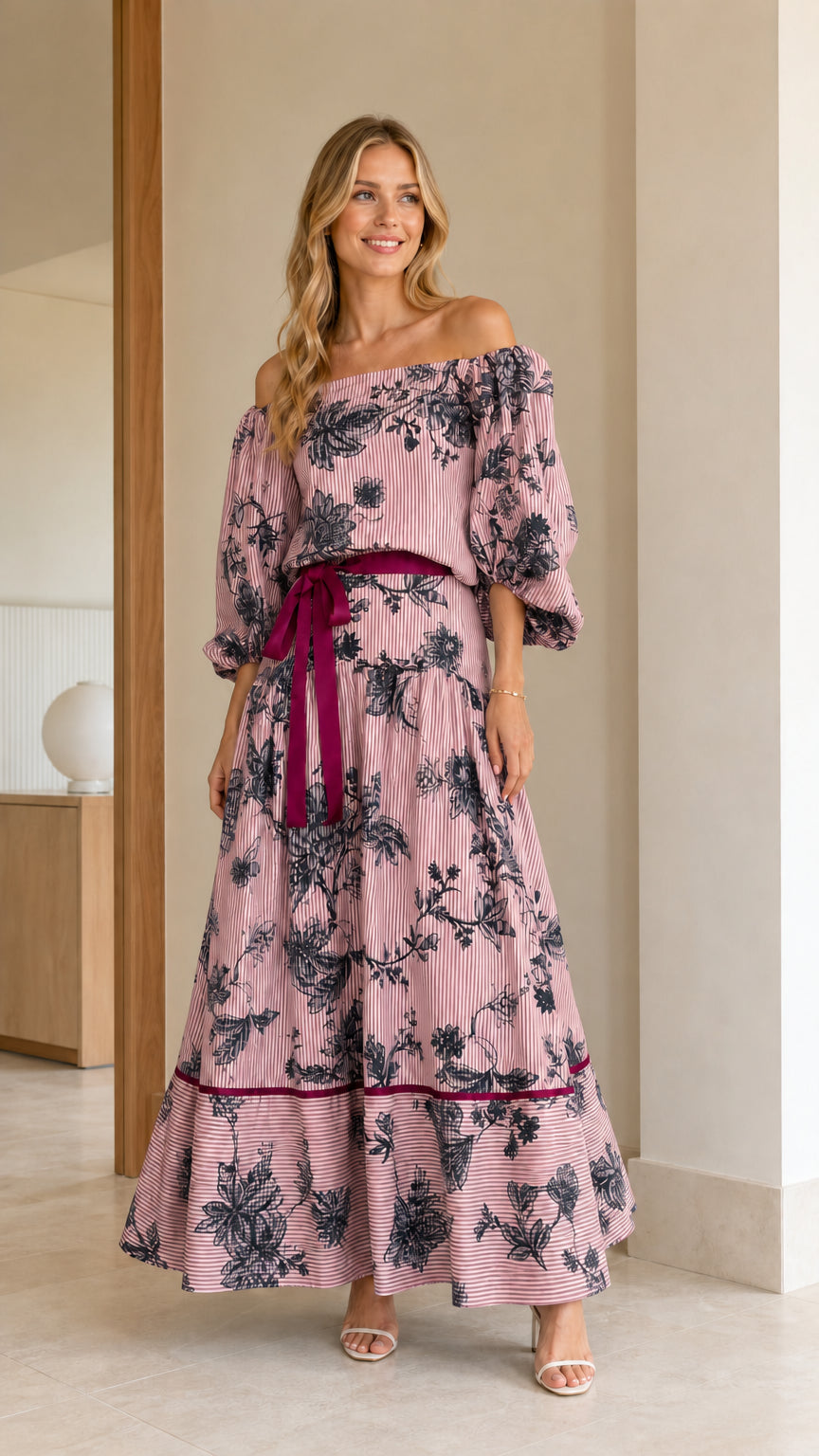 Model wearing Dusty Pink floral stripe off-the-shoulder tiered maxi dress
