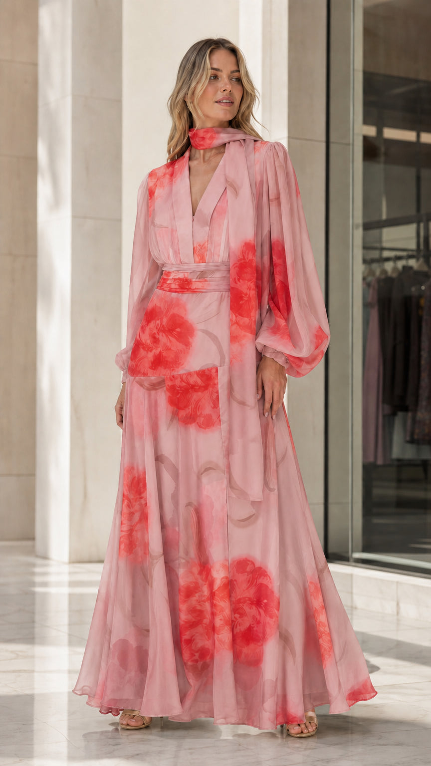 Full-length blush pink watercolor floral chiffon maxi dress with scarf neck