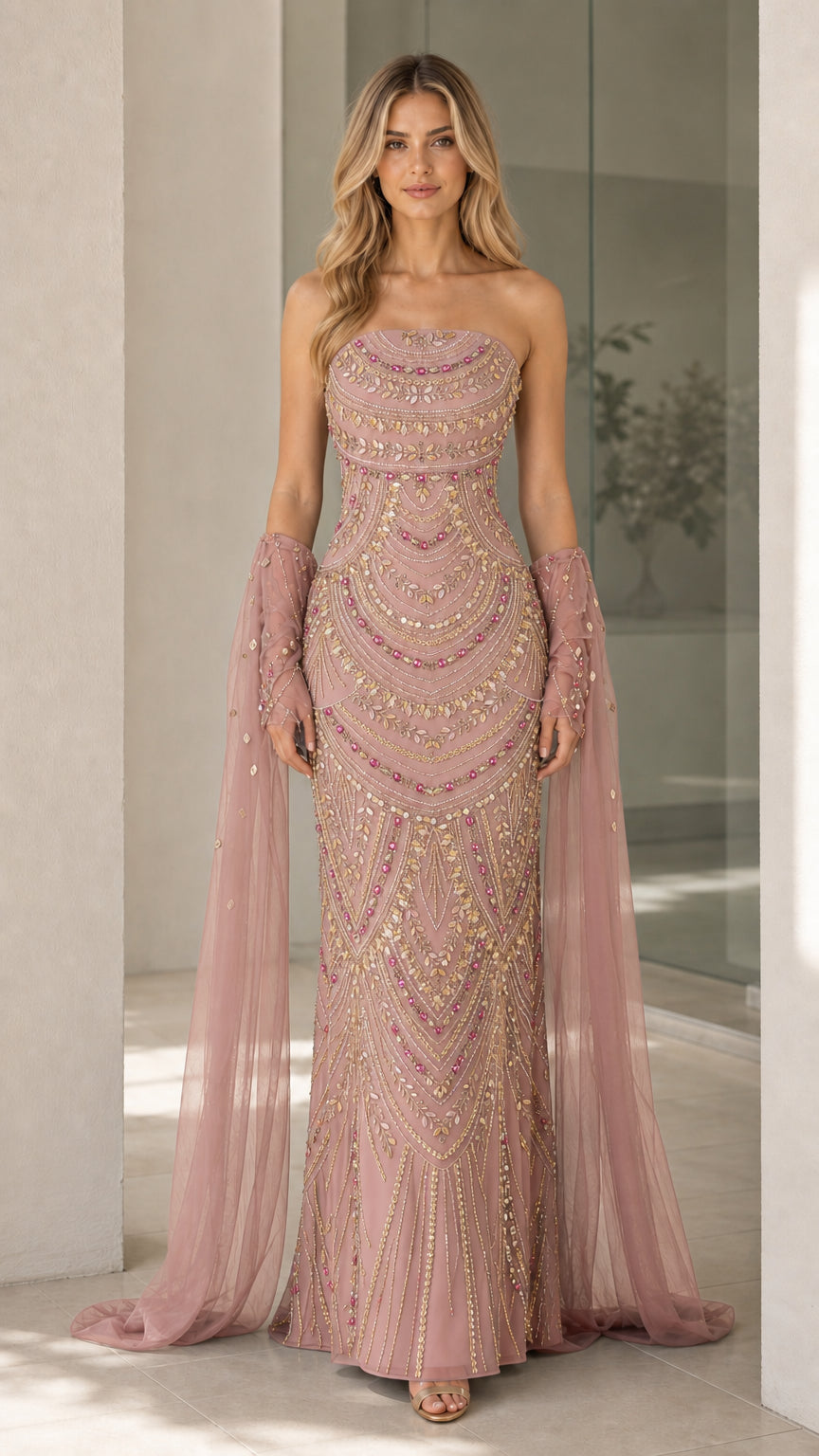 Dusty rose color variant of beaded strapless evening gown