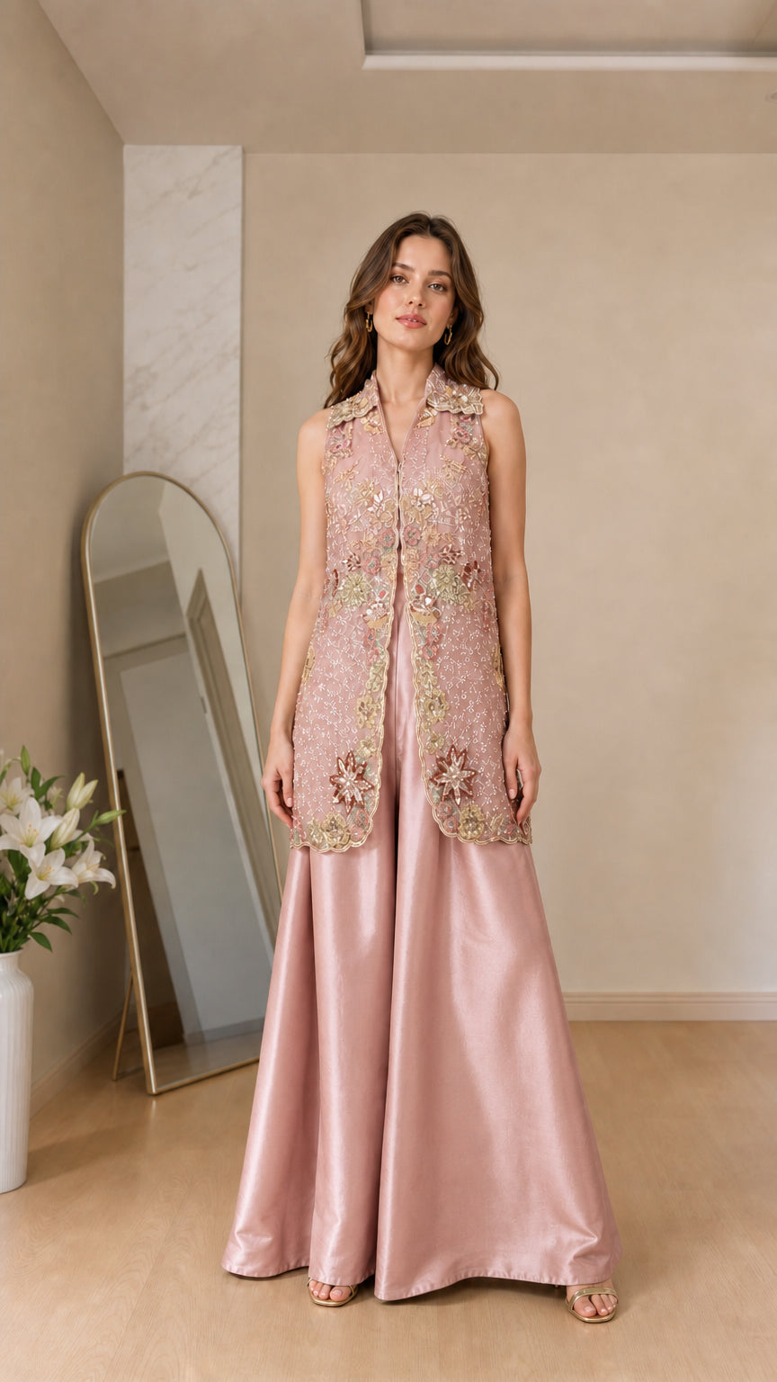 Front view of model wearing dusty pink embroidered vest and satin palazzo set
