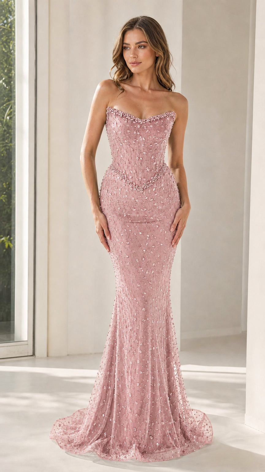 Front view of pink strapless beaded mermaid evening gown