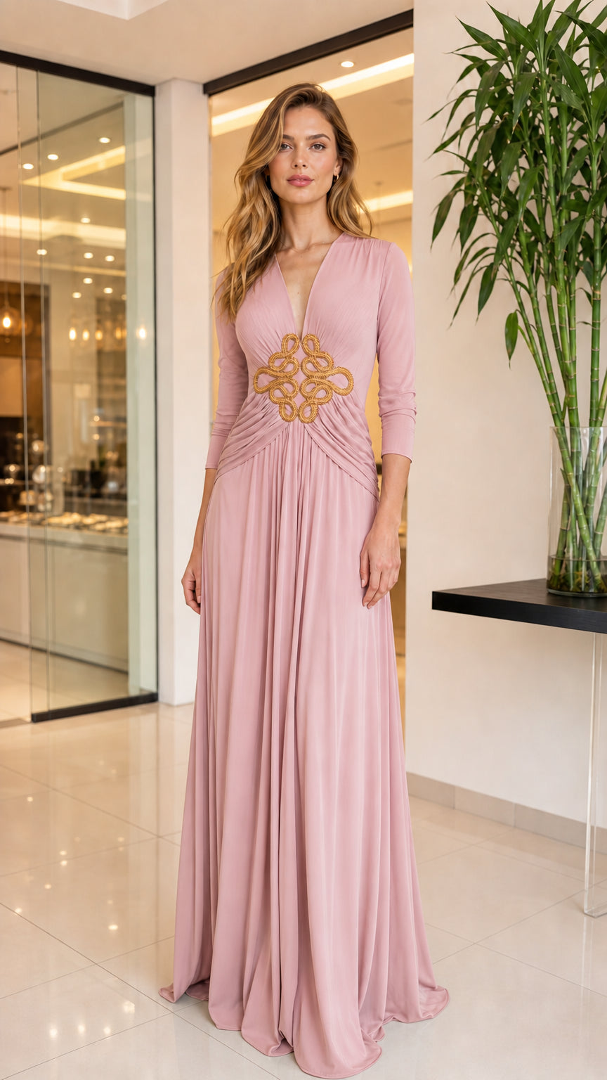 Dusty pink 3/4 sleeve ruched evening maxi gown