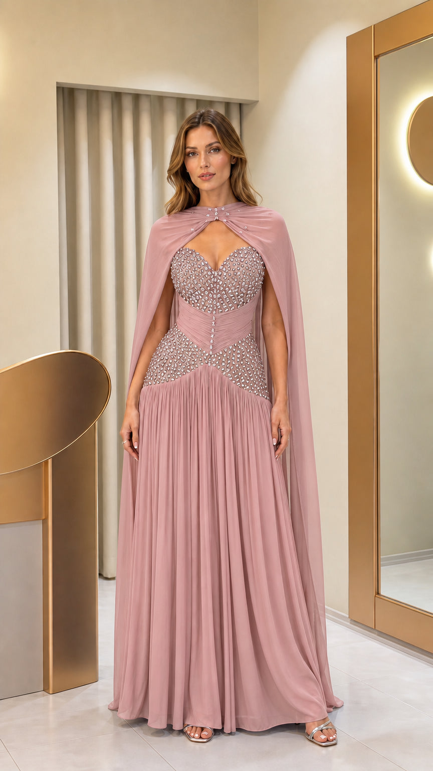 Dusty rose evening gown with cape overlay