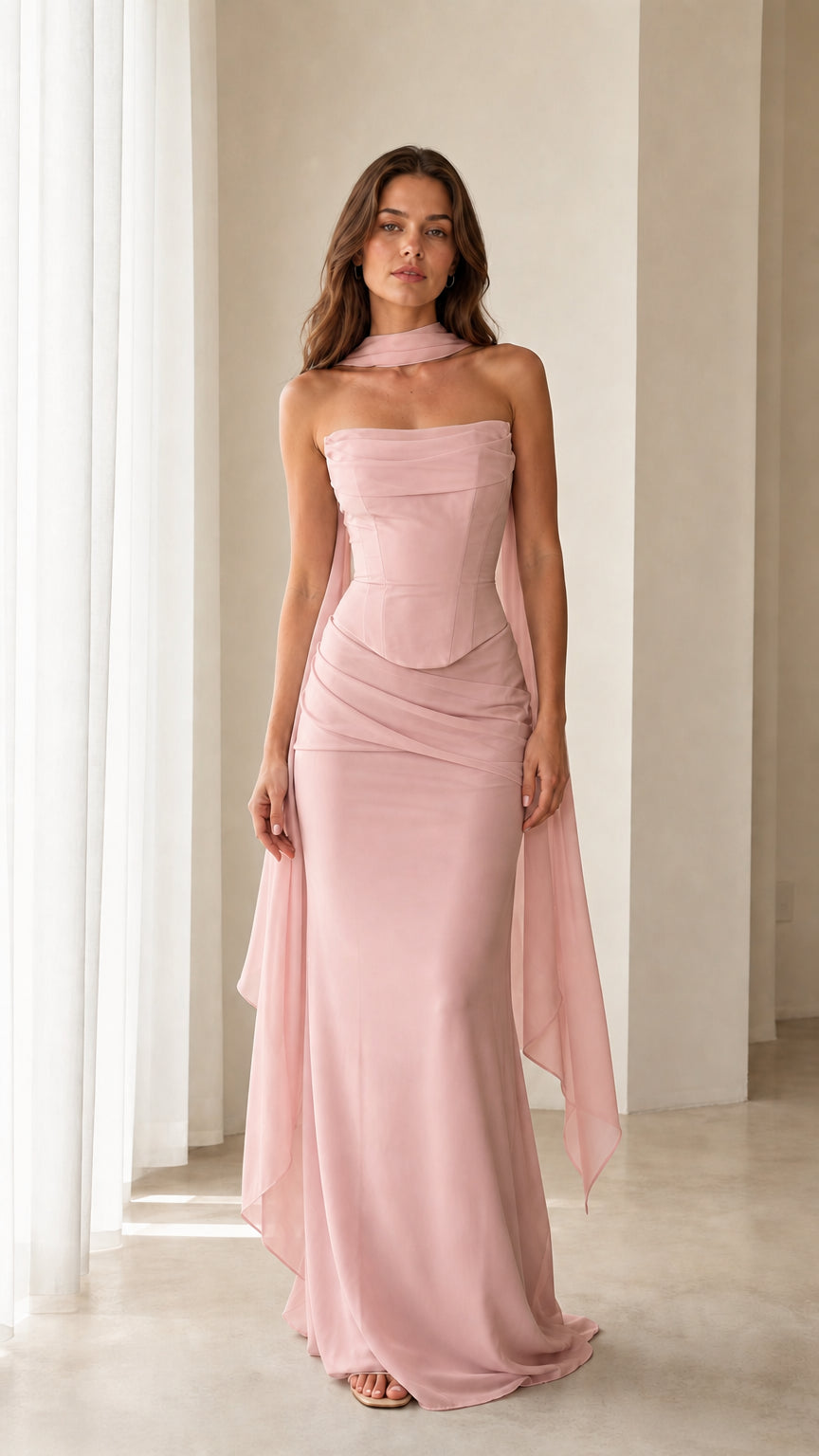 Model wearing the Blush Pink strapless corset formal gown