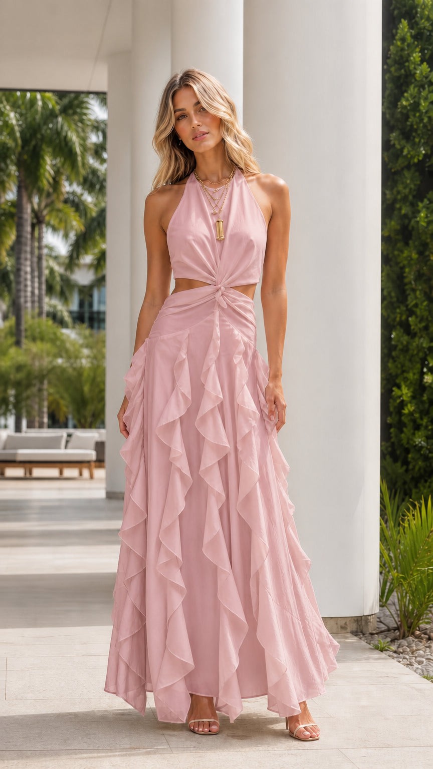 Blush pink halter neck cutout tiered ruffle formal maxi dress