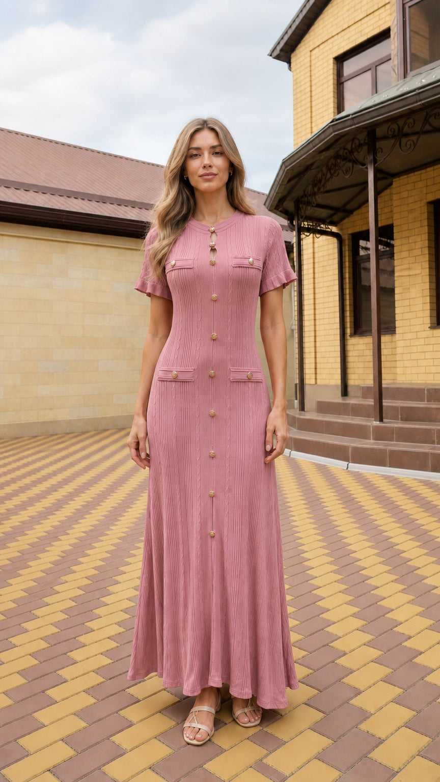 Full-length front view of woman wearing dusty pink short sleeve cable knit maxi dress