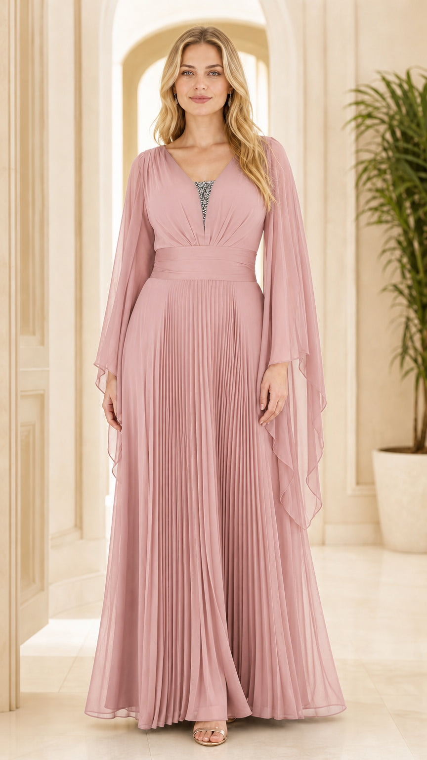 Full front view of dusty pink pleated cape sleeve evening maxi dress