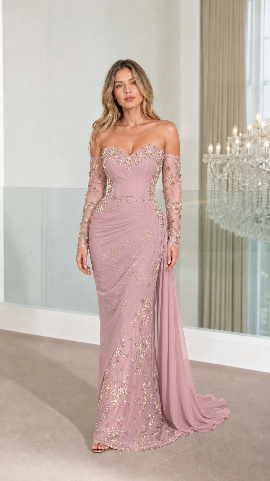 Full front view of mauve evening gown variant