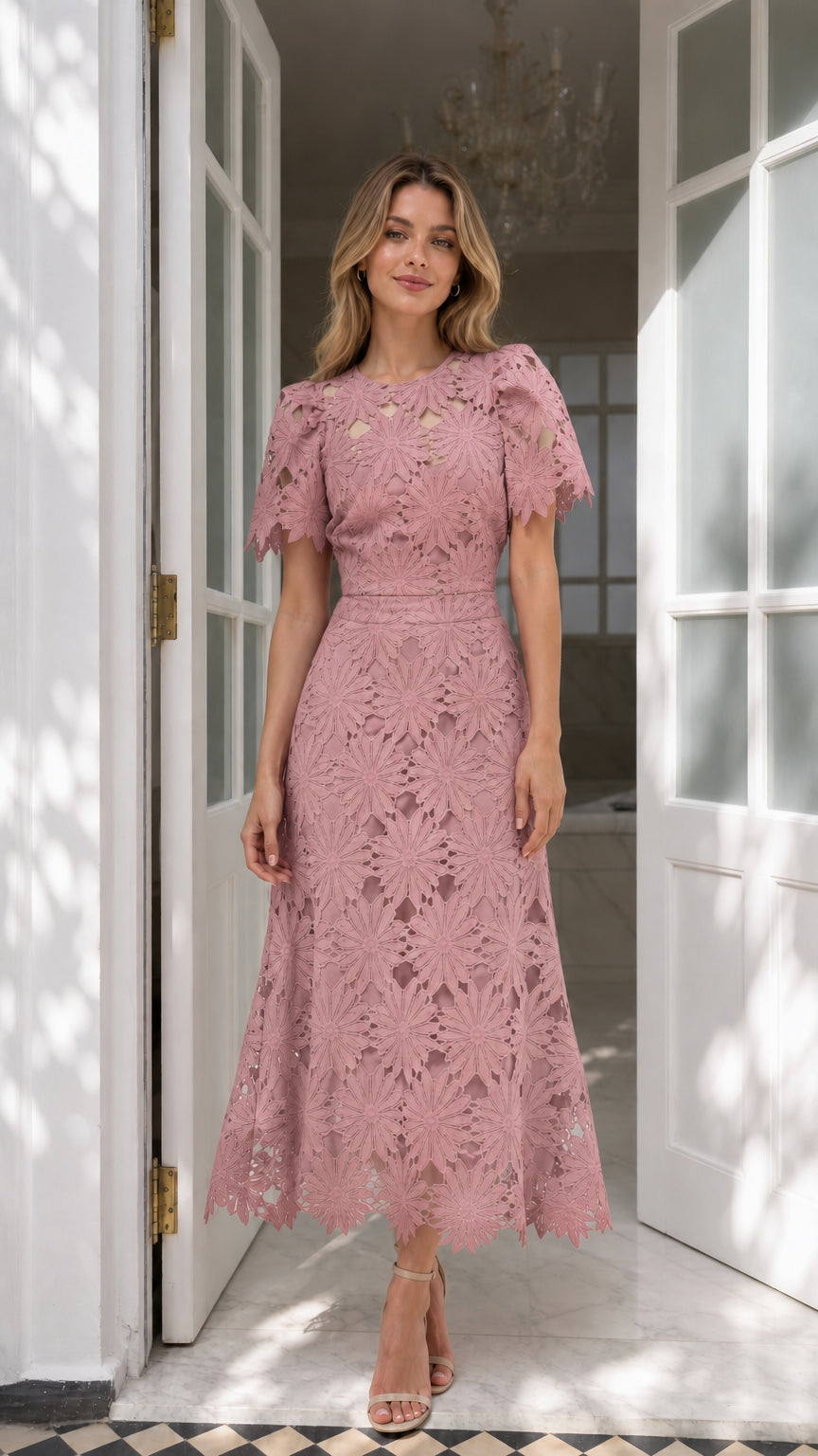 Front view of dusty pink floral embroidered lace midi dress