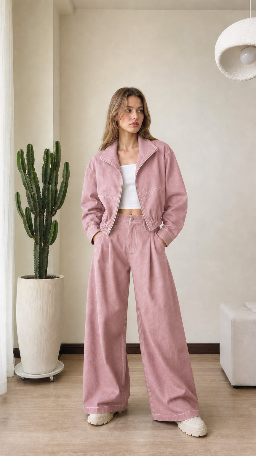 Full front view of model wearing dusty pink denim matching two-piece set