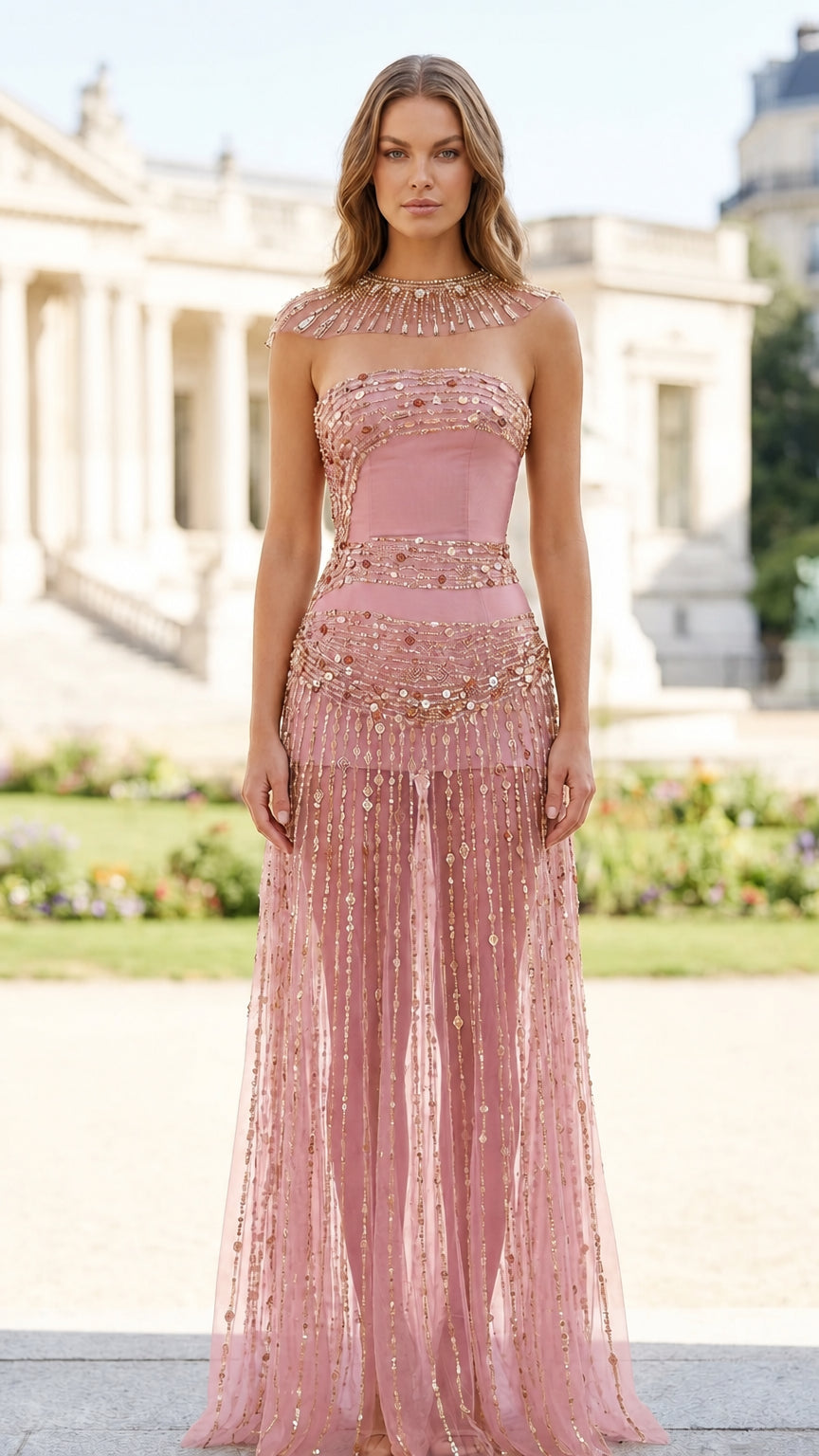 Front view of pink color variant with gold beadwork