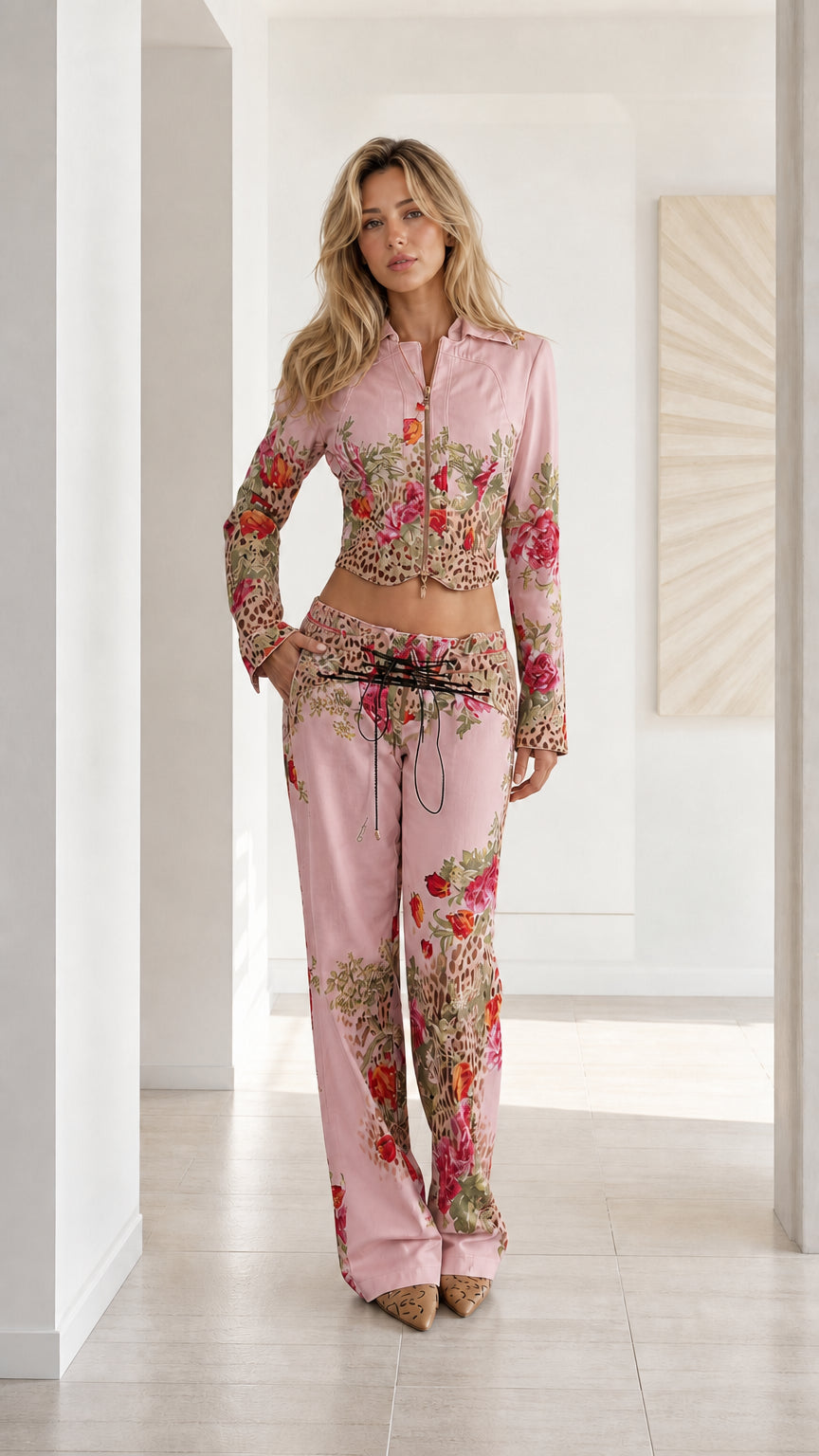 Woman wearing Pink floral leopard print cropped jacket and wide leg pants set