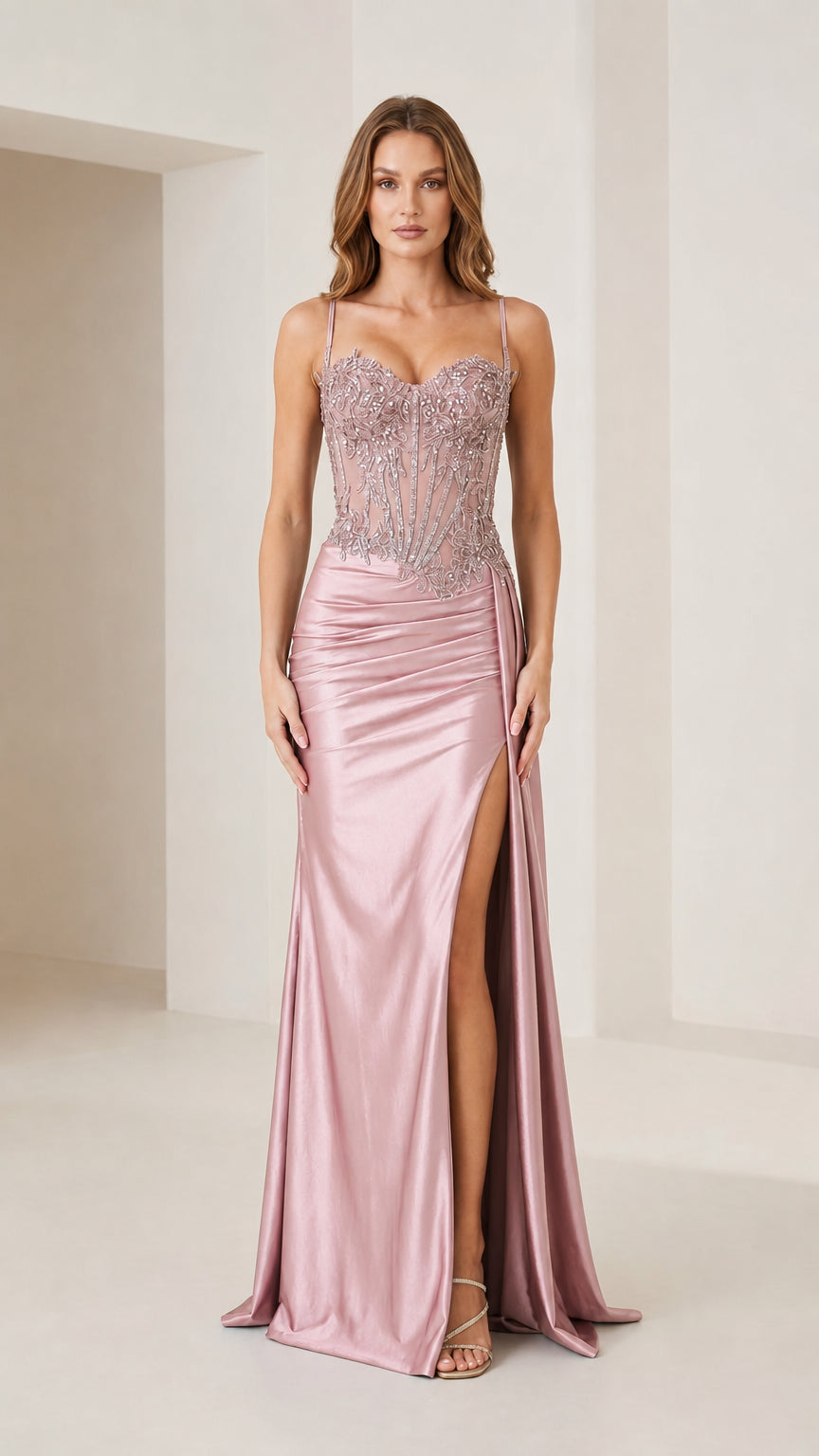 Front view of dusty pink variant evening dress with high slit