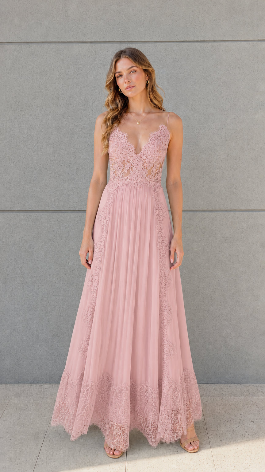 Full-length front view of dusty pink lace bodice pleated tulle maxi dress