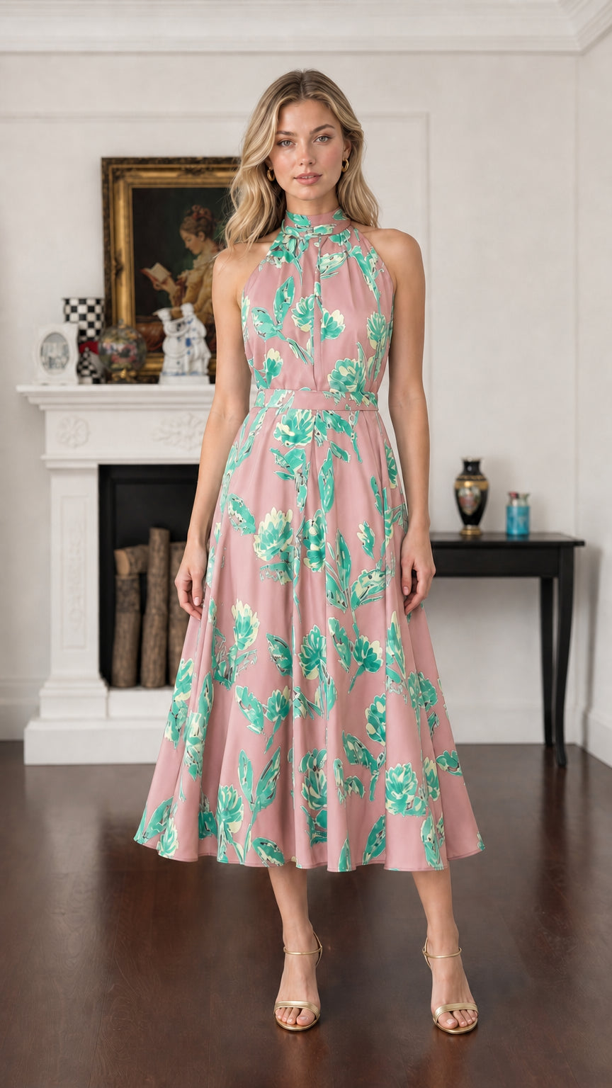 Model wearing Pink Floral sleeveless high neck midi dress