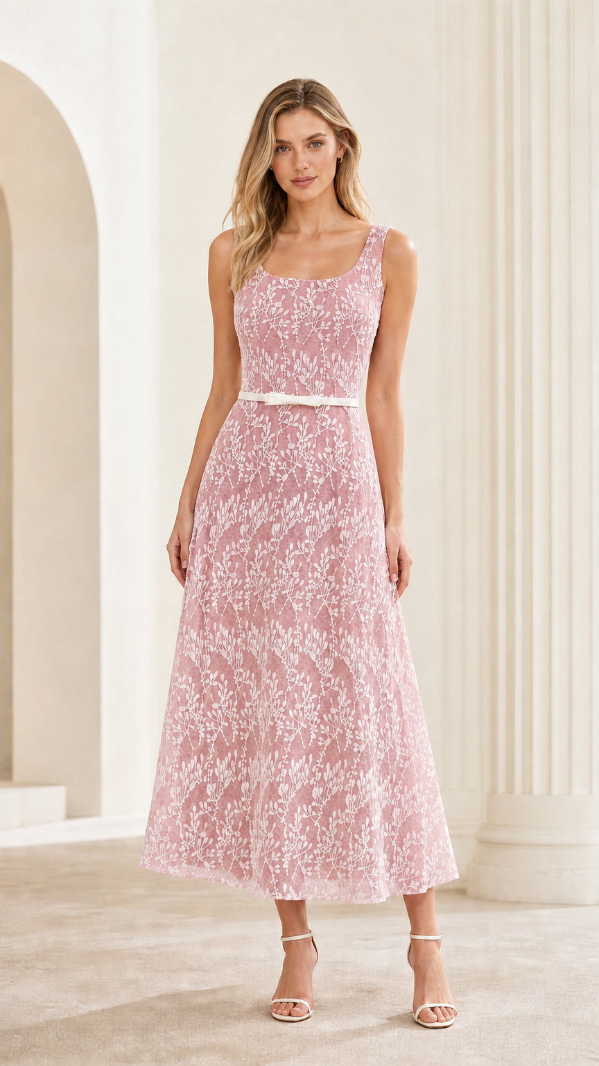 Front view of pink floral lace midi dress