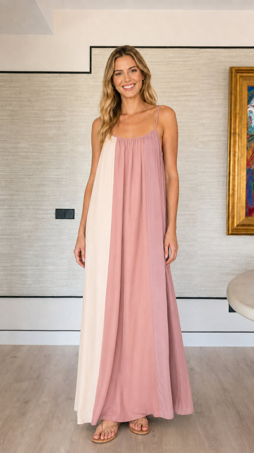 Front view of the dusty pink and ivory color-block spaghetti strap maxi dress