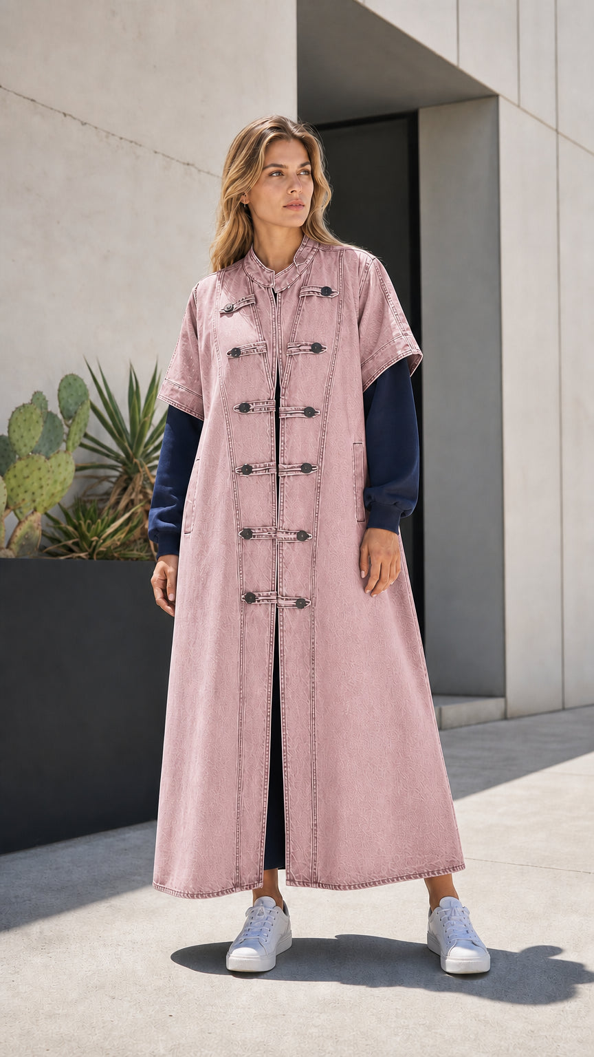 Full front view of dusty pink denim maxi duster vest coat