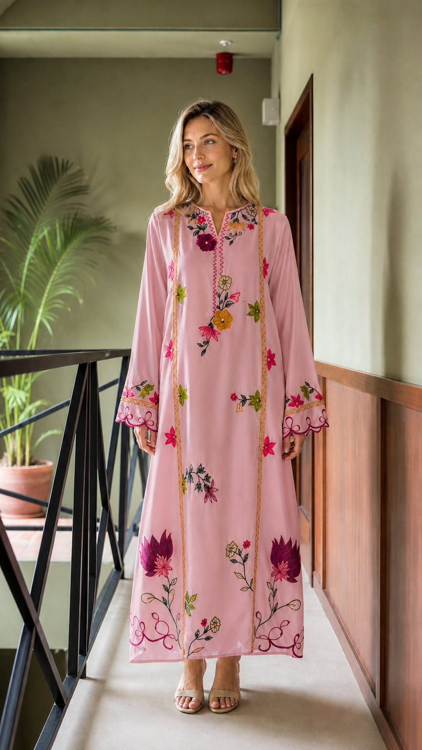 Model wearing Pink floral embroidered maxi kaftan dress